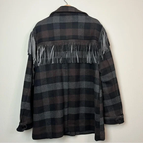 NWT Something Navy Charcoal Combo Plaid Fringe Shacket Size XL Women